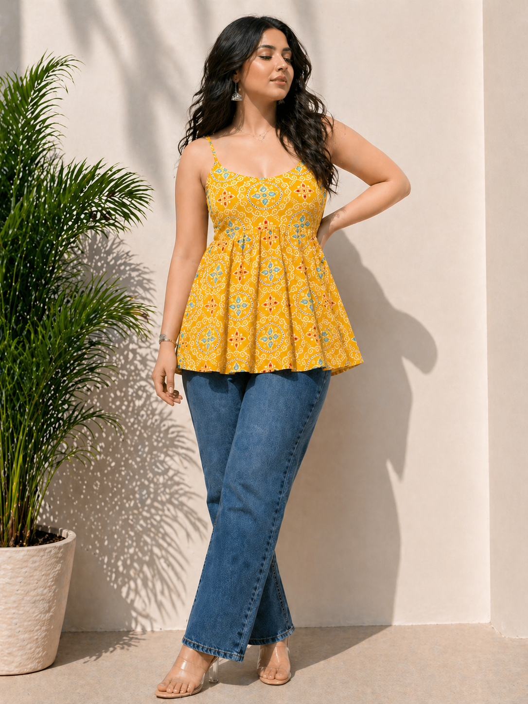 Shine Yellow Pure Cotton Printed Sleevless Peplum Kurti