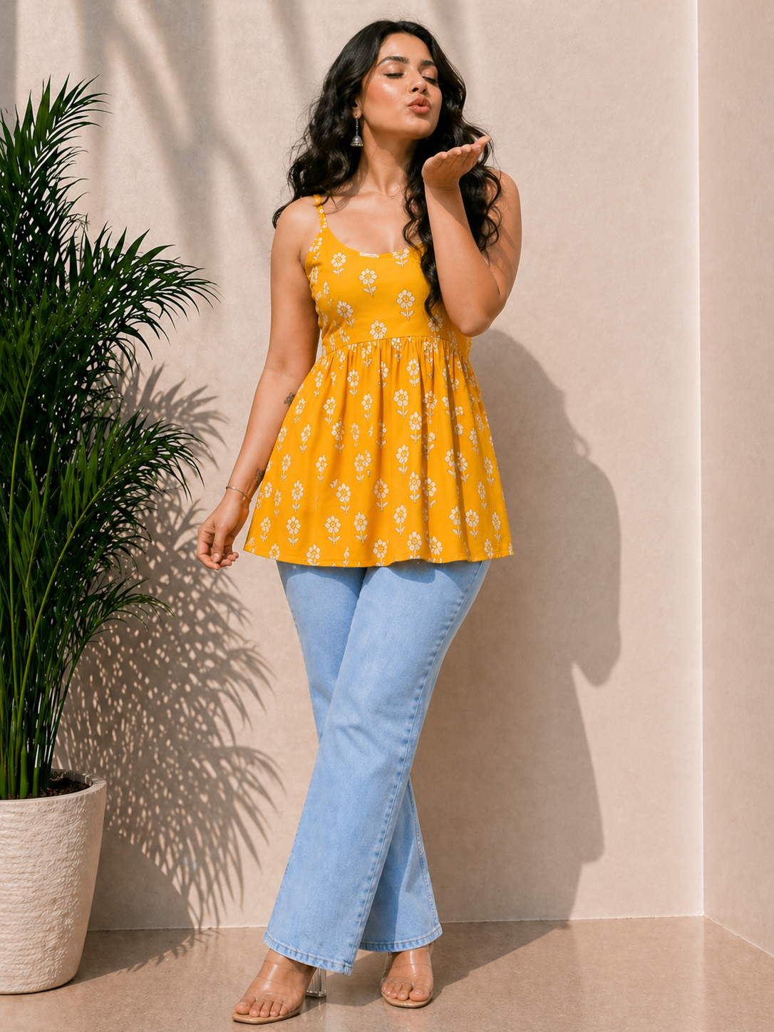 Sunshine Yellow Printed Pure Cotton Sleevless Peplum Kurti