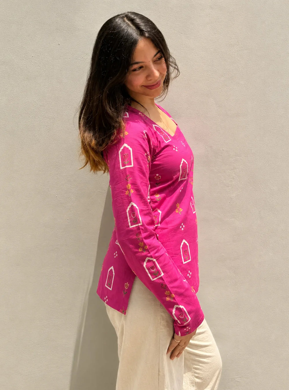 Lovely Pink Square Neck Corset Back Full Sleevs Kurti