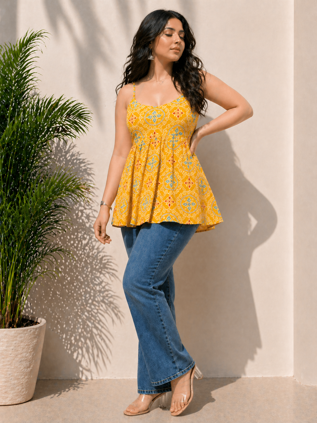 Shine Yellow Pure Cotton Printed Sleevless Peplum Kurti