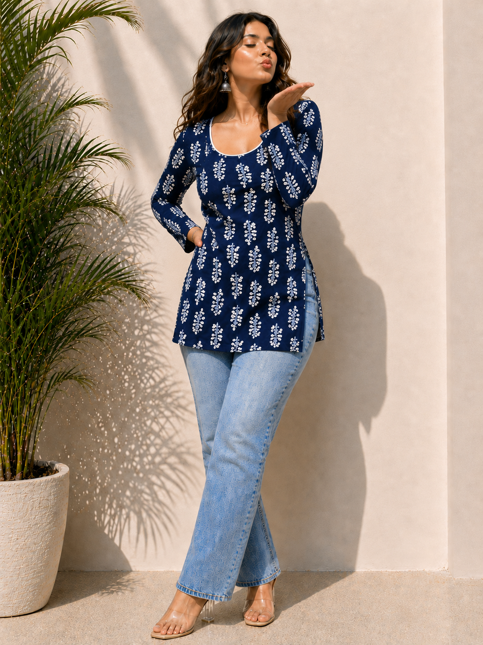 Navy Blue Printed Short Kurti
