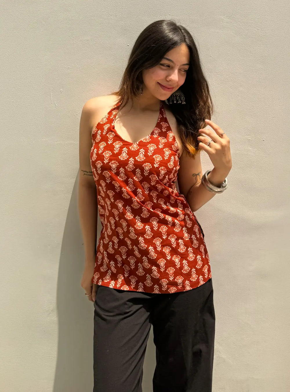 Trendy Red Printed  Halter Neck Sleevless Kurti