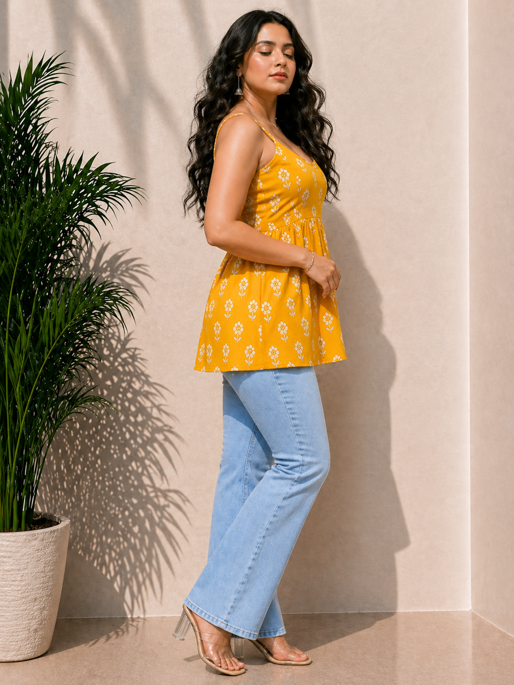 Sunshine Yellow Printed Pure Cotton Sleevless Peplum Kurti