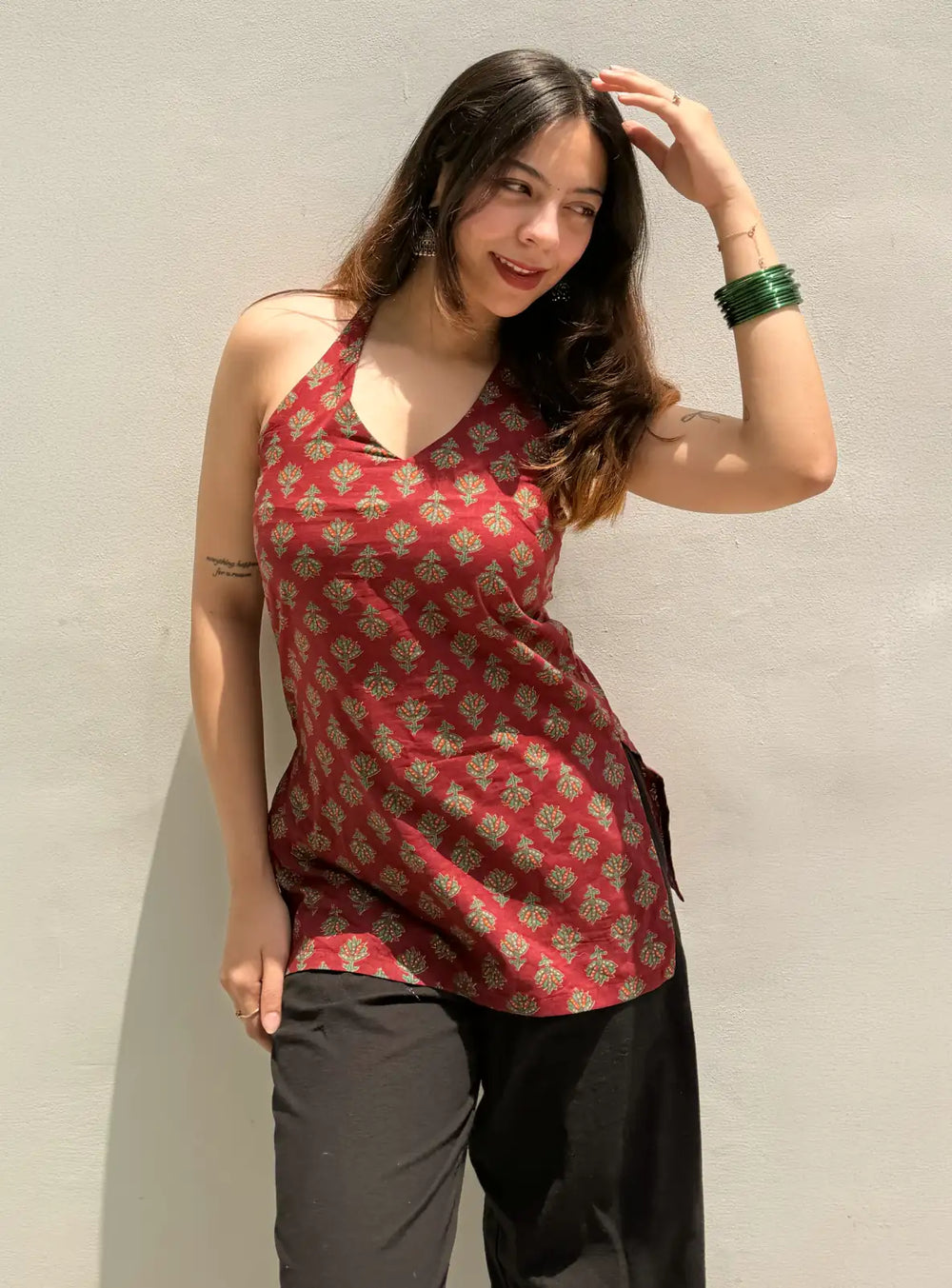 Trendy Red Colour  Halter Neck Sleevless Kurti