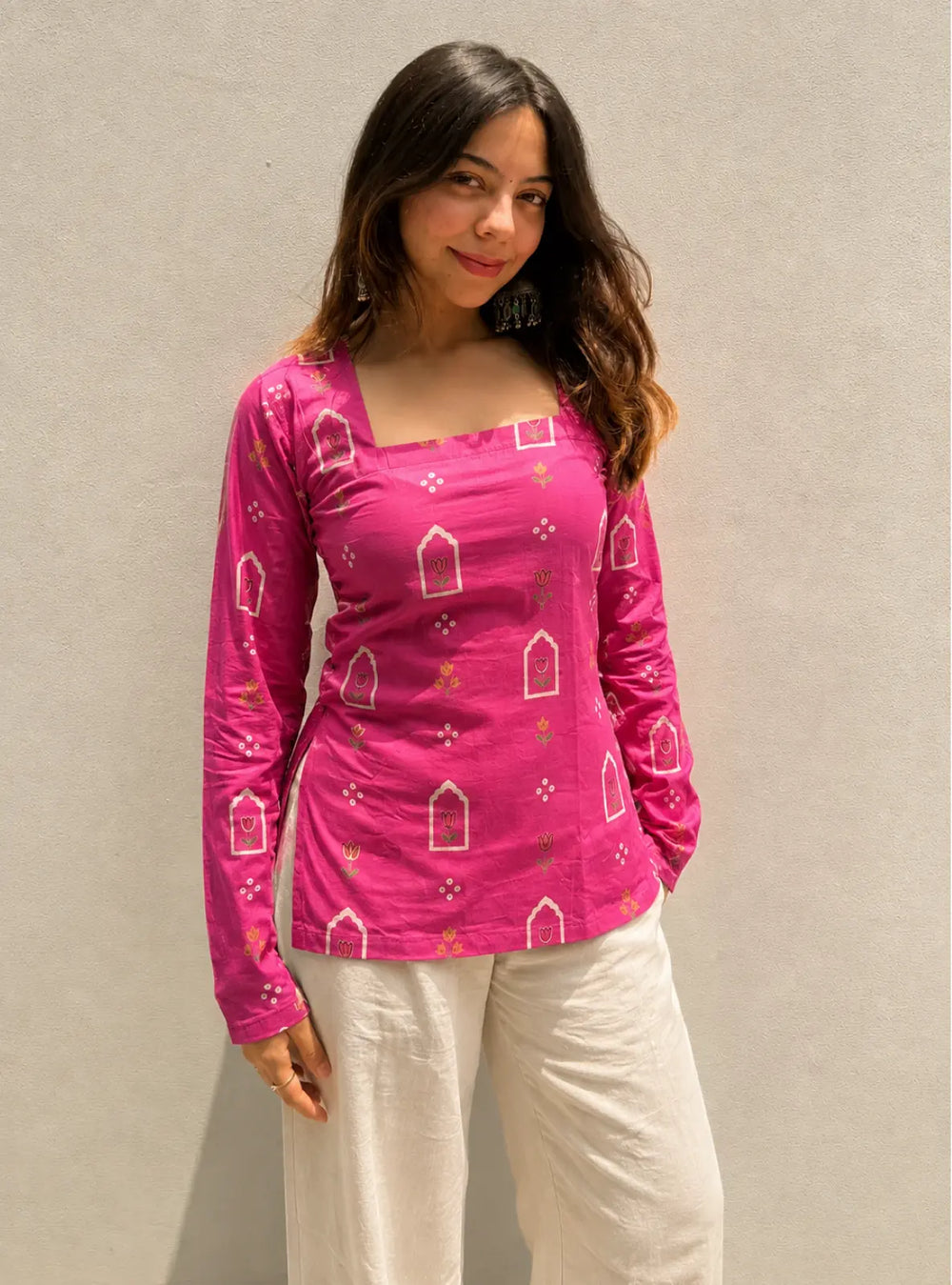 Lovely Pink Square Neck Corset Back Full Sleevs Kurti