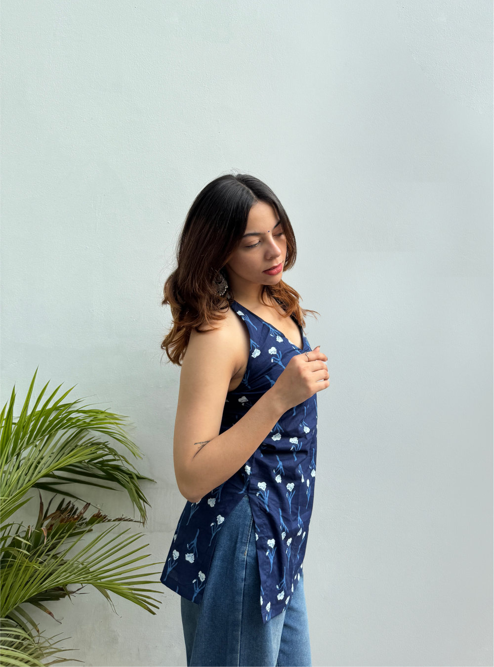 Bestselling Blue Printed  Halter Neck Sleevless Kurti