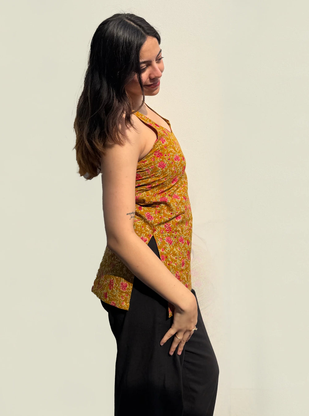 Dim Yellow  Halter Neck Sleevless Kurti