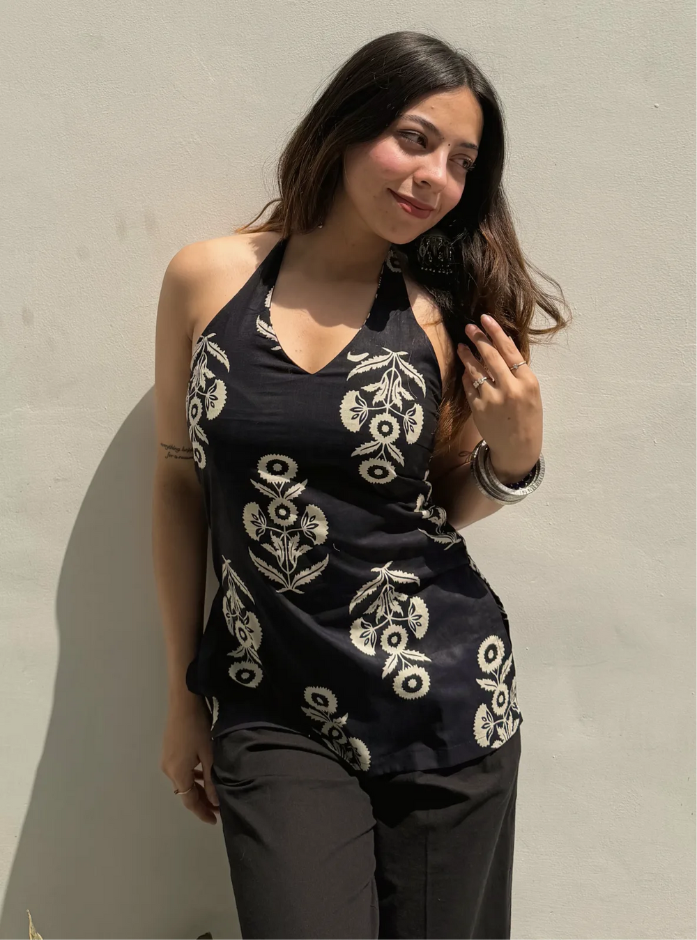 Classy Black Printed  Halter Neck Sleevless Kurti