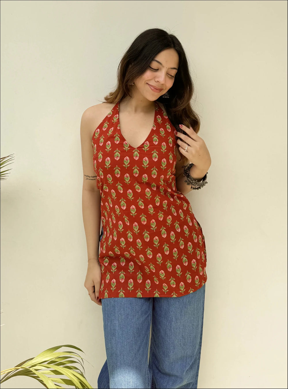 Glossy Red  Halter Neck Sleevless Kurti