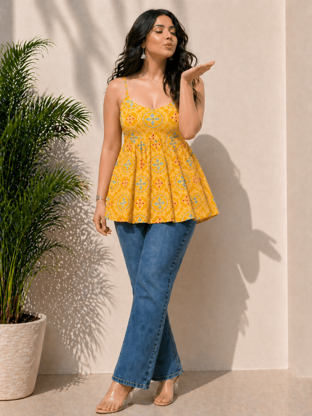 Shine Yellow Pure Cotton Printed Sleevless Peplum Kurti