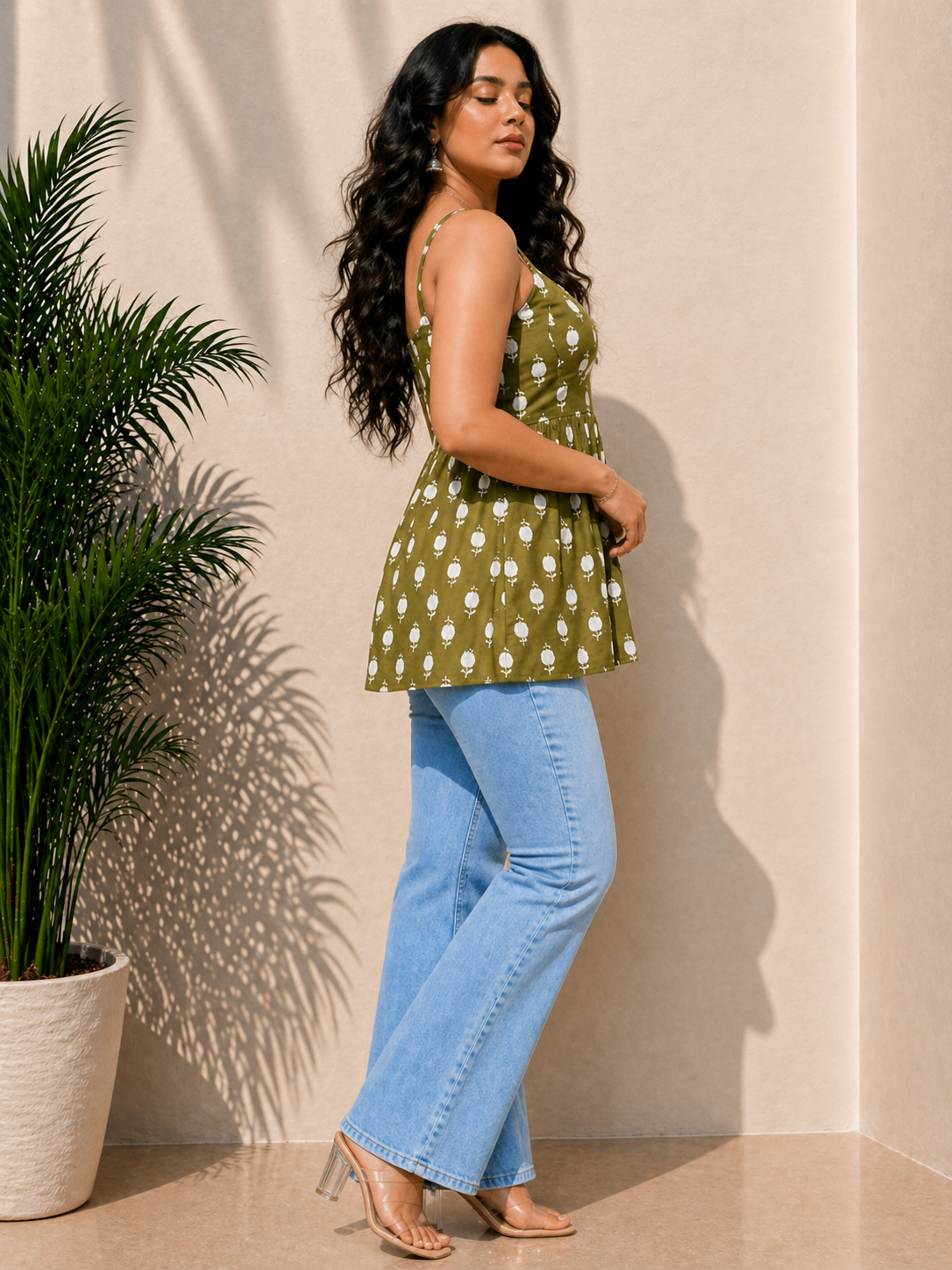 Beutiful Olive Green Sleevless Peplum kurti