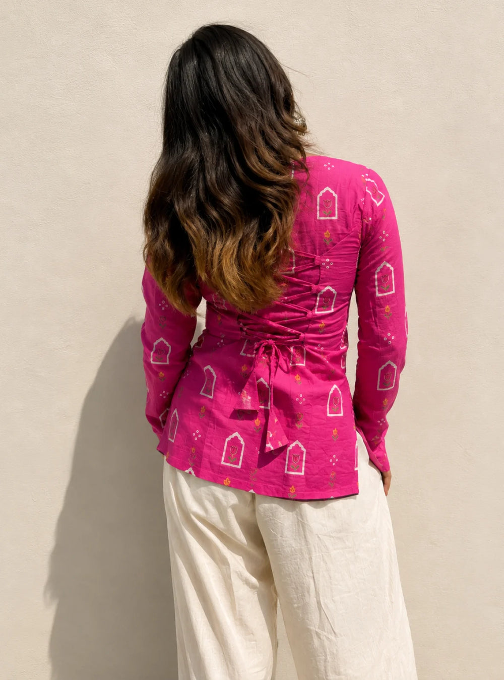 Lovely Pink Square Neck Corset Back Full Sleevs Kurti