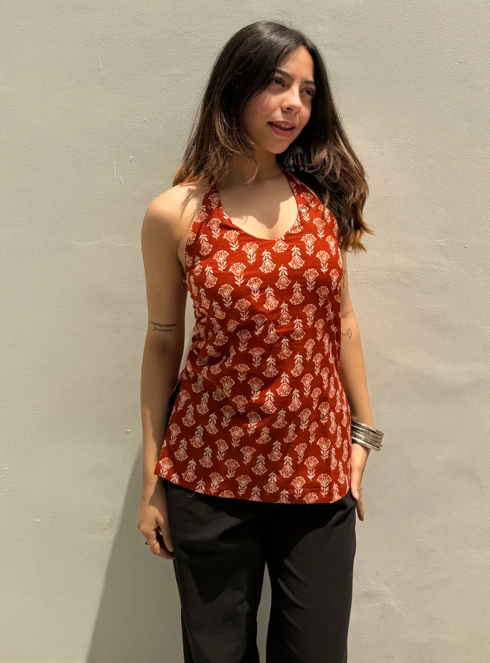 Trendy Red Printed  Halter Neck Sleevless Kurti
