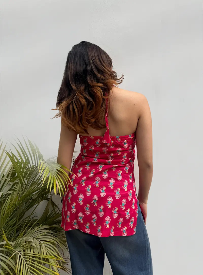Lovely Pink Printed  Halter Neck Sleevless Kurti