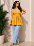Sunshine Yellow Printed Pure Cotton Sleevless Peplum Kurti