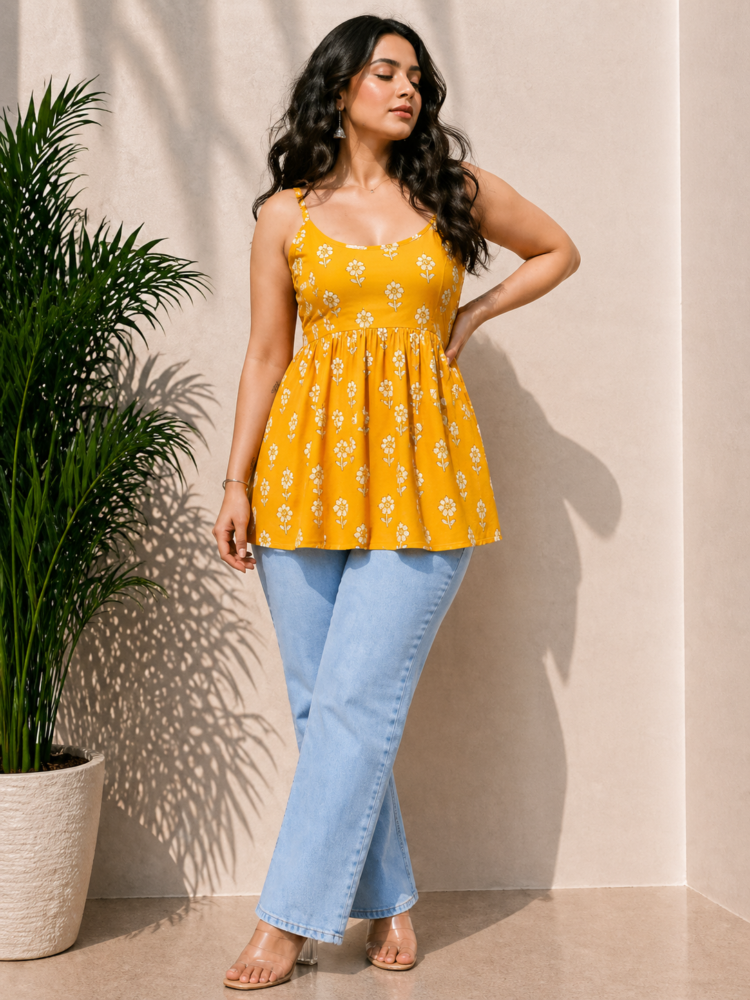 Sunshine Yellow Printed Pure Cotton Sleevless Peplum Kurti