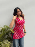 Lovely Pink Printed  Halter Neck Sleevless Kurti