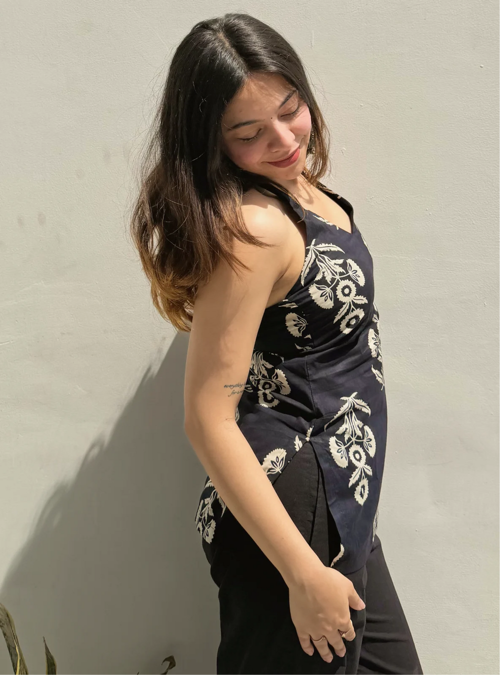 Classy Black Printed  Halter Neck Sleevless Kurti