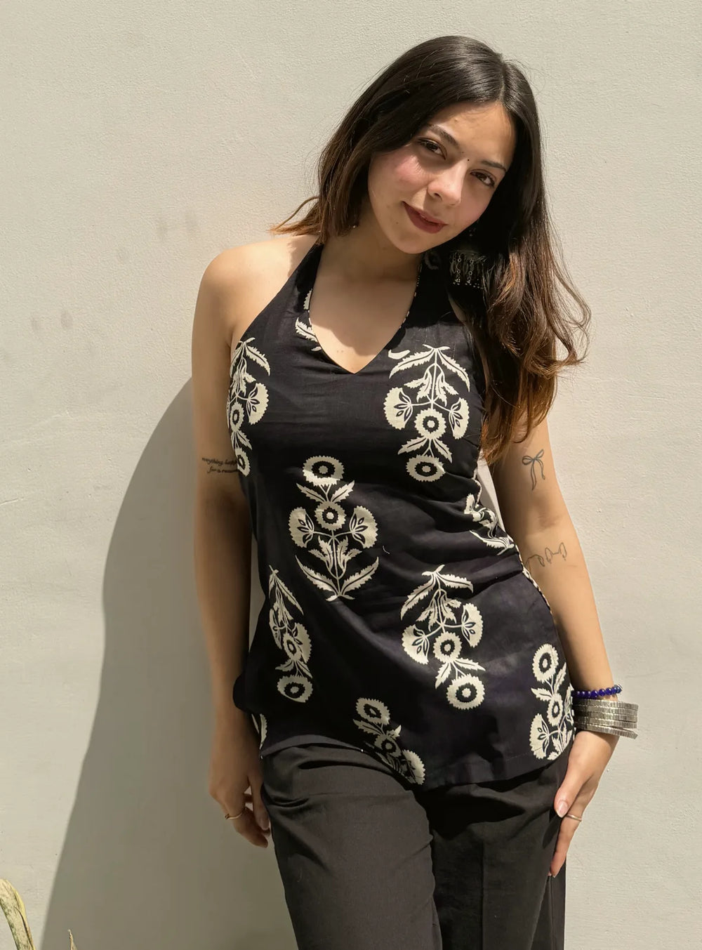 Classy Black Printed  Halter Neck Sleevless Kurti