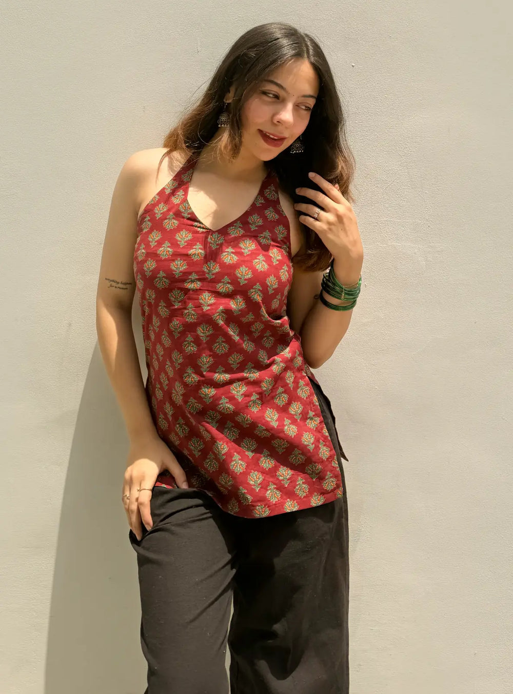 Trendy Red Colour  Halter Neck Sleevless Kurti