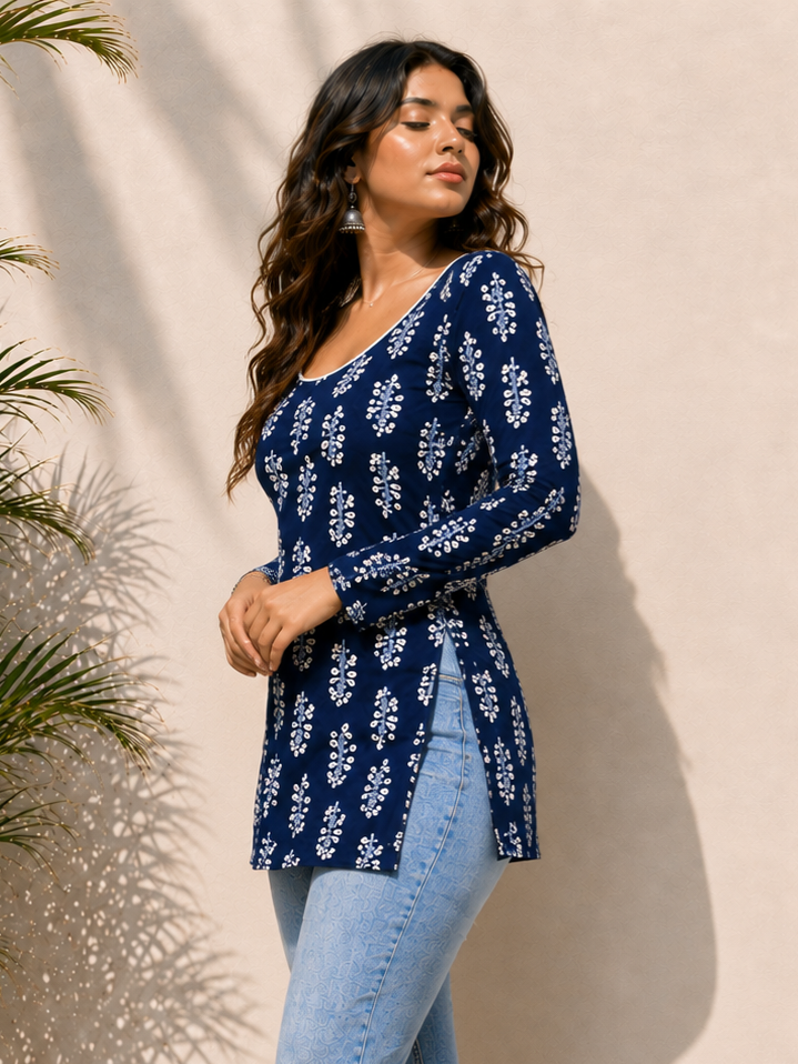 Navy Blue Printed Short Kurti