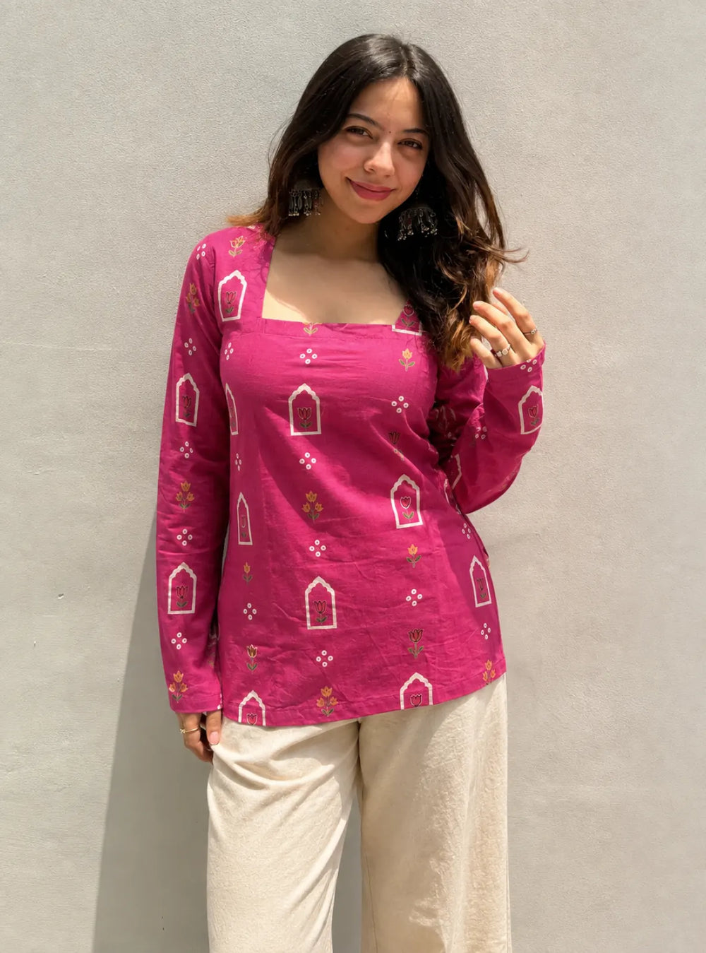 Lovely Pink Square Neck Corset Back Full Sleevs Kurti