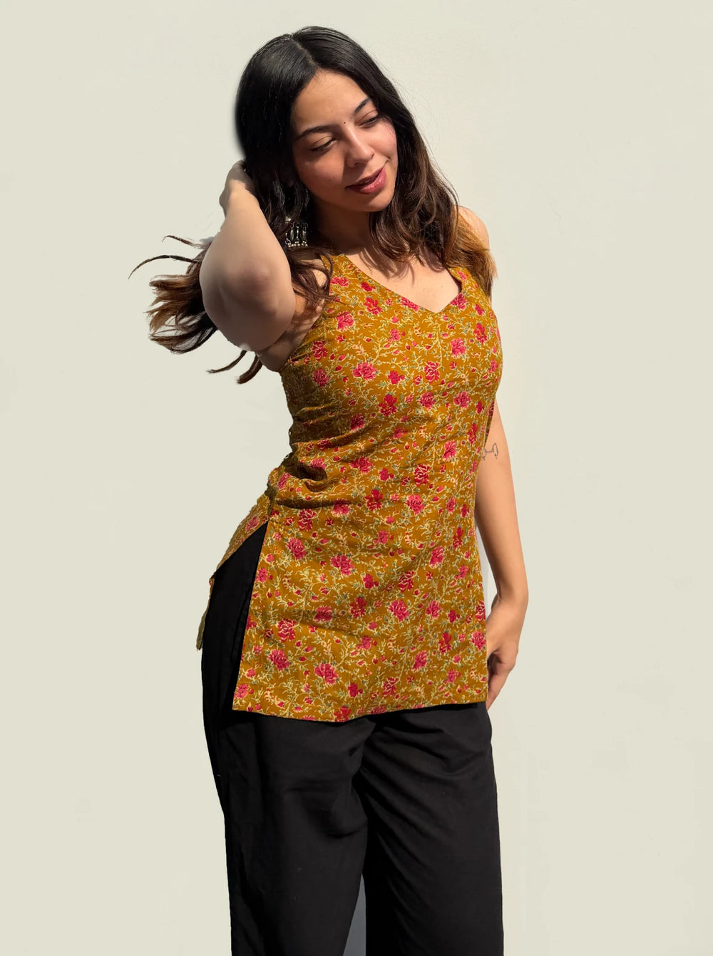 Dim Yellow  Halter Neck Sleevless Kurti