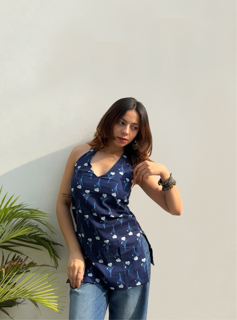 Bestselling Blue Printed  Halter Neck Sleevless Kurti